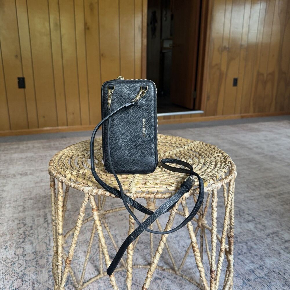 Bandolier Expanded Pouch Black Pebble Leather Crossbody Pouch Gold Accents Zip